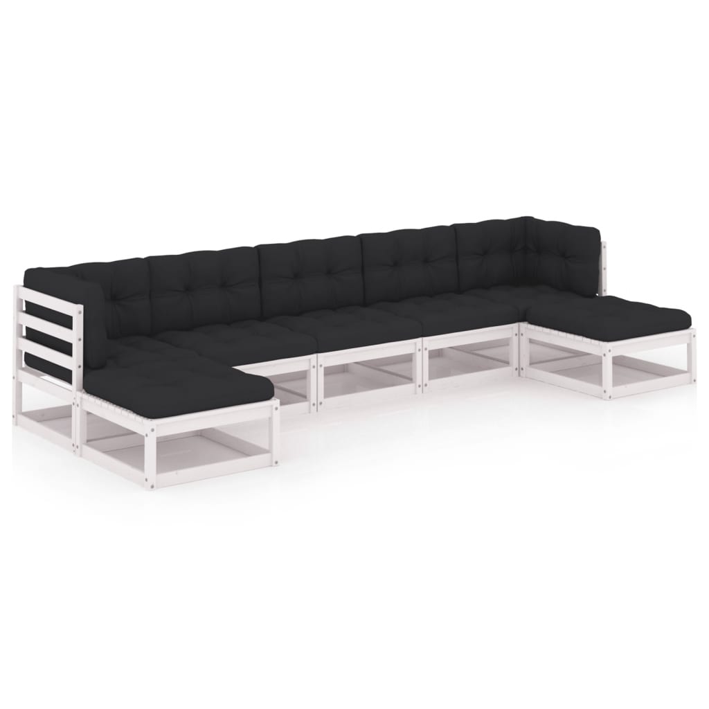 7-tlg. Garten-Lounge-Set mit Kissen Weiss Kiefer Massivholz